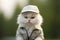 Portrait of Furry white cat wearing jacket and hat in outdoor Looks Stylish and Fashionable