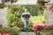 Portrait of gardener carrying crate with flower pots while entering greenhouse