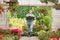 Portrait of gardener carrying crate with flower pots while entering greenhouse