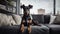 Portrait of a German Jagd Terrier dog in an apartment, home interior, love and care, maintenance. Lies