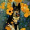 Portrait of a German Shepherd Dog in art nouveau style with flowers. Generative AI