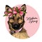 Portrait of german shepherd dog wearing tulip crown and bandana. Welcome spring. Hand drawn colored vector illustration