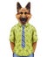 Portrait of German Shepherd in summer shirt with tie.