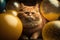 A portrait of a ginger cat laying in between yellow and gold balloons. Created with Generative AI