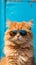 Portrait of a ginger cat wearing sunglasses on a blue background.