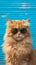 Portrait of a ginger cat wearing sunglasses on a blue background.