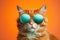 Portrait of a ginger cat wearing sunglasses on an orange background, Closeup portrait of funny ginger cat wearing sunglasses