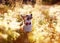 portrait of a ginger puppy dog Corgi looks at a bright butterfly flying by on a summer solar meadow