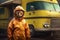 Portrait of a ginger tabby cat, wearing a yellow hazmat suit and standing next to a small RV, Cat as Breaking bad character