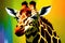 Portrait of a giraffe. Safari, colorful magic giraffe, cartoon style painting. Generative ai art illustration
