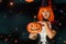 Portrait of Girl in Costumes Celebrates The Enchanting Halloween Season With Copy Space. Celebrating Halloween Haunt Party of