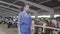 Portrait girl farmer makes inspection of the farm with calves and cows standing in the aviary. Calves feeding process on