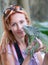 Portrait of the girl with the iguana. Close up