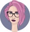 Portrait of a girl with pink hair, dark lips and glasses.
