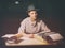 Portrait of a girl sitting at a table with a typewriter and books, think about the idea at night