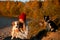 Portrait of girl with two border collie dog on beach at seaside. autumn yellow forest on background