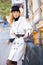 Portrait girls in white coats and black hat