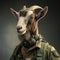 Portrait of a goat dressed in a tactical military outfit on a clean background. Farm animals. Illustration, Generative AI