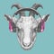 Portrait of Goat with headphones, hand-drawn illustration