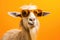Portrait Goat With Sunglasses Orange Background