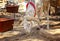 Portrait of goat on a typical dusty yard in Goree, Senegal. It`s near Dakar, Africa. The goat eat food on the ground and