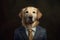 Portrait of a Golden Retriever dressed in a formal business suit