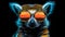 portrait of a gorgeous stylish trendy modern lemur animal in stylish glasses. Black backgorund. Creative portrait in iridescent