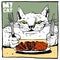 Portrait of a gourmet cat, with a roll, fork and knife. Color humorous illustration, suitable for the design of publications and p