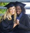 Portrait, graduation and women university friends holding hands on campus together as graduate students. Happy, smile