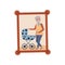 Portrait of grandfather with his grandson in stroller, family photo in wooden frame vector Illustration on a white