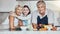 Portrait, grandparents or girl cooking as a happy family in a house kitchen with organic vegetables for dinner