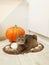 Portrait of a gray cat sits on a rug along with a sick orange pumpkin in the interior. Halloween and autumn background.