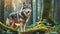 Portrait of gray wolf in green woods. Wild forest animal. Natural spring scenery