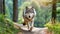 Portrait of gray wolf in green woods. Wild forest animal. Natural spring scenery