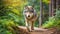 Portrait of gray wolf in green woods. Wild forest animal. Natural spring scenery