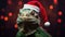Portrait of a green lizard wearing a red Christmas hat, on red bokeh background, 2024 year of the dragon symbol