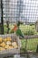 Portrait of Green and Red Lovebirds Perched on a Container of Corn Pieces in a Zoo Enclosure