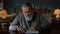 Portrait greyhaired gentleman signing contract indoors. Man reading documents.