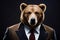 A Portrait Of A Grizzly Bear Dressed In A Suit Like Trader Dark Color Background, Finance Stock Bear Market Concept. Generative AI