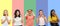 Portrait of group of emotional people on multicolored background