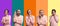 Portrait of group of emotional people on multicolored background