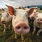 Portrait of a group of piglets in a meadow