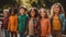 Portrait of a group of smiling schoolchildren standing in the park. Generative AI