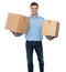 Portrait of a guy holding boxes