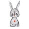 Portrait of hand-drawn cute cartoon grey hare holding a flower isolated on white background