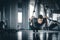 Portrait handsome caucasian young man healthy fitness doing push up at indoor workout in gym.