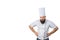 Portrait of handsome evil male chef in uniform hands on waist isolated on white background, copy space on side.