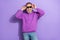 Portrait of handsome retired positive man with white gray beard wear purple hoodie hold sunglass isolated on violet