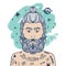 Portrait of handsome stylish casual man hipster with beard and tattoos. Sketch doodle style illustration