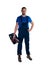 Portrait of a handsome worker with toolbox standing on white background